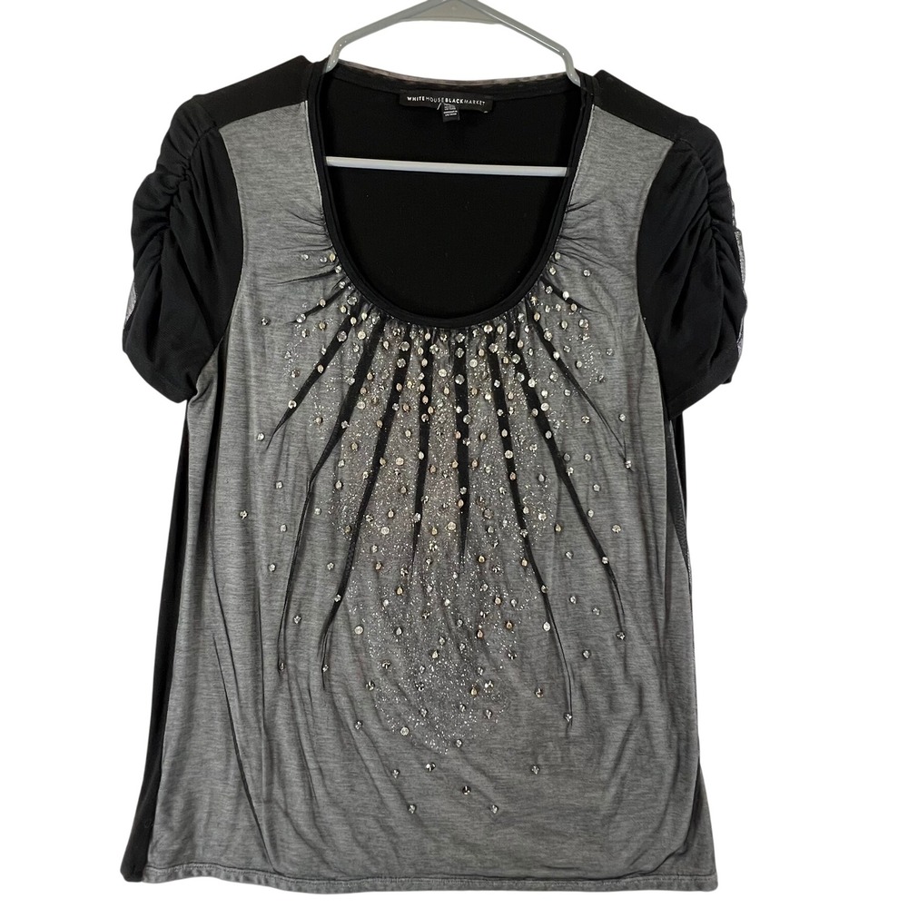 White House Black Market Embellished Top Womens M Grey Black Rhinestone Ruched